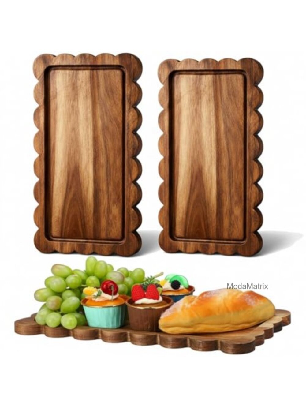 Scalloped Acacia Wood Serving Platters & Trays Set of 3 Charcuterie Boards 14